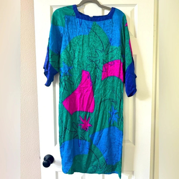 Flora Kung vibrant vivid 80’s/90’s vintage 100% silk dress with tie wrap size S - Picture 3 of 6